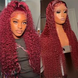 Coloured Burgundy Lace Front Wig Brazilian Hair Red 99J Curly Wigs For Women 13x4 HD Deep Wave Lace Frontal Wig Synthetic