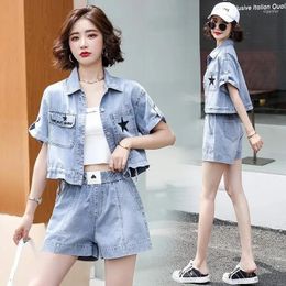 Women's Tracksuits Denim Half Sleeve Shorts Casual Suits Women Summer Loose Fashion Two Piece Sets Blue Female