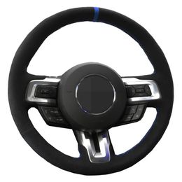 For Ford Mustang 2015-2019 DIY Hand-stitched Black Genuine Leather Suede Car Steering Wheel Cover