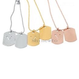 Europe America Fashion Style Necklace Men Lady Women Stainless Steel With Engraved V Initials Pattern Double Square Pendant Long Chain