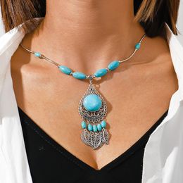 Vintage Bohemia Ethnic Geometric Blue Stone Leaf Necklaces For Women Long Tassel Chain Necklace For Tibetan Jewellery