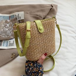 Evening Bags Summer Straw Woven Bucket Crossbody For Women Casual Braid Shoulder Bag Designer Leather Splice Beach Bolsa