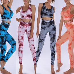 Active Sets 2022 Women's Sports Top Bra Tie-dye Yoga Wear Print Seamless Clothing Fitness Running Tights High Waist Pants Set