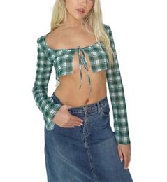 Summer Women Shirts Plaid Tie Up Open Front Long Sleeve Sexy Blouses Crop Top T-Shirt