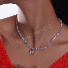 Butterfly Pendant Choker Necklace Rhinestone Chain Colourful Acrylic Simple Beads Clavicle Necklace Animal Fashion Jewellery