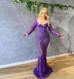Purple New Arrival Evening Dresses V Neck Long Sleeves Satin Lace Hollow Backless Sexy Formal Dress Shiny Sequins Appliques Feather Prom Dress Plus Size Tailored