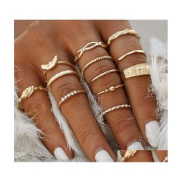 Band Rings 12 Pc/Set Charm Gold Colour Midi Finger Ring Sets For Women Vintage Boho Knuckle Party Punk Jewellery Gift Drop Delivery Otl0X