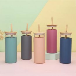 450ML Creative Bamboo lid Glass tumblers glass bottle with Silicone Sleeve Tea Coffee Drinking Bottle with Straw ss1213