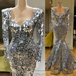 Sparkly Sequins Silver Mermaid prom Dresses Sweetheart Neck Long Sleeves aso ebi african Plus Size Formal evening Occasion Gowns