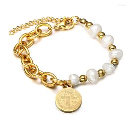 Charm Bracelets WT-REB019 Trendy Stainless Steel Bracelet Pearl Beads IP Gold Electroplated Women Fashion Religion Jewellery