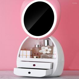 Storage Boxes 2022 LED Light-Up Mirror Makeup Box Drawer Desktop Finishing Portable USB Cosmetic Make Up Organiser