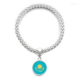 Link Bracelets Kazakhstan National Flag Asia Country Sliver Bracelet Round Pendant Jewellery Chain
