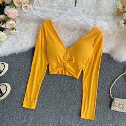 Women's Blouses Early Spring Autumn 2022 Casual Sexy Twist Low Chest V Tie Cushion T-shirt Luxury Designer Solid High Waist Short Top