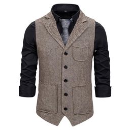 Men's Vests Men Suit Vest 2022 Fashion Korean Multiple Pockets Herringbone Tweed Mens Waistcoat Formal Business Slim Fit Sleeveless Jacket