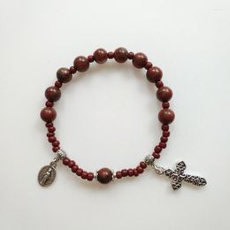 Link Bracelets Glass Bead Baptism Religious Gift Catholic Cross Finger Chain Mini Rosary Sesame Red Bracelet For Women