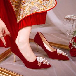 Dress Shoes Rimocy 2023 Spring Pearl Flower Wedding Bride Women Red Slip-On Thin Heels Pumps Woman Elegant High for Female 221213