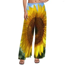 Women's Pants Yellow Flower Elastic High Waist Big Sunflower Print Kawaii Trousers Aesthetic Wide Leg