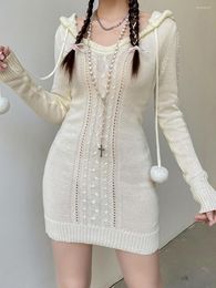 Casual Dresses Women Mini Knitted Bodycon Dress Solid Colour Hooded Bobbles Long Sleeve Autumn Winter Skinny Sweater