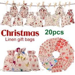 Christmas Decorations 20pcs 10x14cm Linen Fabric Apple Candy Gift Bag Snowflake Santa Claus Drawstring Sack Jute Packaging Canvas Decor Bags