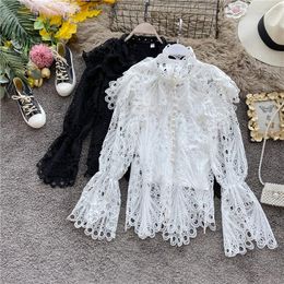 Women's Blouses Ladies Lace Shirt Sexy Hollow Out Crochet Black White Blouse Runway Women Spring Vintage Single-Breasted Flare Long Sleeve