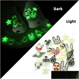 Shoe Parts Accessories Bad Bunny Pattern Glow In The Dark Croc Jibz Charms Luminous 2D Soft Pvc Decorations Fluorescent Clog Pins Dhhtd