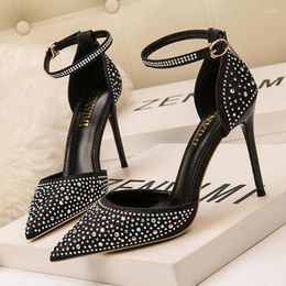 Dress Shoes Mariahzheng 10CM High Heels Fine With Shallow Mouth Pointed Word Shiny Rhinestones Women's Marriage Sandals ZWM
