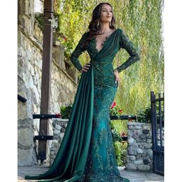 Smaragdgrüne Meerjungfrau-Abendkleider, arabische Luxus-Perlen-Spitzenstickerei, elegant für Damen, Abschlussball-Partykleid mit langen Ärmeln