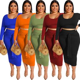 5XL Plus Size Two Piece Dress Women Casual Solid Long Sleeved Top and Maxi Skirt Set 2Pcs Outfits Free Ship