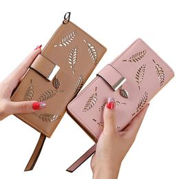 Women Wallet PU Leather Purse Female Long Wallet Gold Hollow Leaves Pouch Handbag For Women Coin Purse Card Holders Clutch wholesa296M