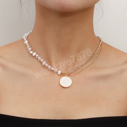 Luxury Gold Color Crystal Simulated Pearl Beads Shell Geometric Round Pendant Necklace Clavicle Chain Party Jewelry