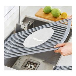Other Kitchen Tools Sile Drain Rack Stainless Steel Folding Telescopic Shelf Roller Shutter Dish Sink Drop Delivery Home Garden Dinin Otryk