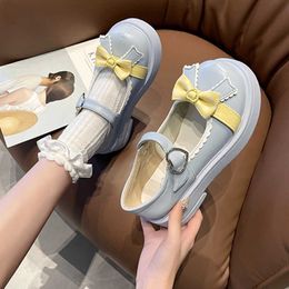 Scarpe eleganti Rimocy Sweet Bowknot Platform Lolita Donne Mix Color Med Heels Mary Janes Woman Pie in pelle Flat di fondo fitto 221213