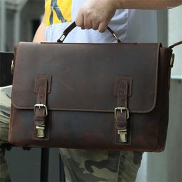 Briefcases Nesitu Highend Vintage A4 Thick Brown Genuine Leather Office 14'' Laptop Men's Briefcase Crazy Horse Messenger Bag