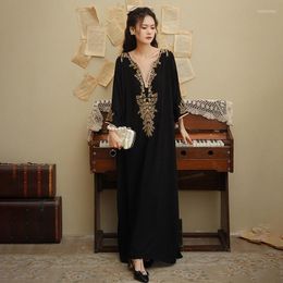 Ethnic Clothing Vintage Dress For Women Side Split Black Maxi Robe Embroider Cotton Tunic Beach Dresses 2022 Fashion Boho Holiday Vestidos