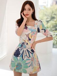 Casual Dresses Spring Autumn Fashion Elegant Women Evening Dress Sweet Sexy Square Collar Slim Mini Party Birthday Beach Femme Mujer