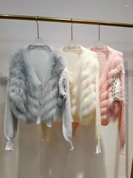 Women's Fur Candy Color Thin Real Knitted Sweater Cardigan For Women Spring Autumn Outerwear Beading Feather Patchwork