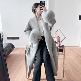 Women's Down High-end Grey Bathrobe Style Lace-up Long Double-sided Wool Coat For Women Luxury Natural Fur Cuff Woollen Overcoats ZY02