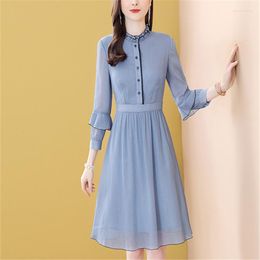 Casual Dresses 2022 Blue Banquet Long Sleeve Chiffon Dress Spring And Autumn Ladies Fashion Solid Color Office
