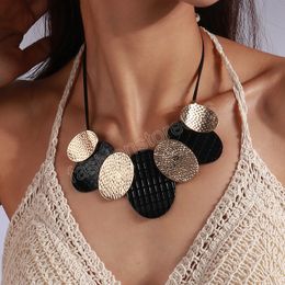 Bohemian Black PU Leather Geometric Round Pendant Necklace Vintage Simple Double Layers Statement Necklace Jewelry