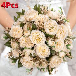 Decorative Flowers 4Pcs High Quality Artificial Silk Peony Home Vase Decoration Wedding Bride Holding Roses Festival Party Supplies Garden