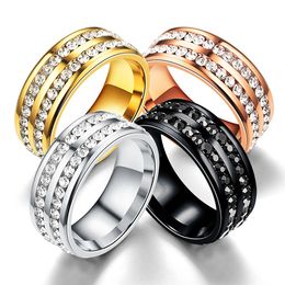 Double Row Side Stones Rings for Couples Men Women Titanium Stainless Steel Bling Wedding Bridal Finger Band Rings Gold Plated Rhinestone Engagement Gift Wholesale