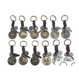 Keychains Lanyards 12 Constellation Keychain Cowe Zodiac Retro Woven Key Chain Bronze Keyring For Birthday Gift Wholesale Drop Del Otnmp