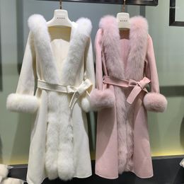 Women's Down Luxury Real Fur Trim And Cuff Cashmere Blend Maxi Long Coat For Women European Style Chic Loose Hooded Wool Overcoats