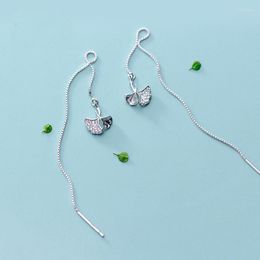 Dangle Earrings LVH15 Real 925 Sterling Silver Cute Zircon Ginkgo Biloba Long Drop Hypoallergenic Pull Through Threader