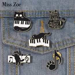 Black And White Keys Enamel Pins On The Piano Cat And Musical Note Brooches Lapel Badges Concert Jewellery Gift For Art Friends