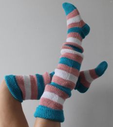 Women Socks Ladies Knitted Stockings Adults Autumn Winter Leisure Style Mixed Color Stripes Knee-High Long Fashion