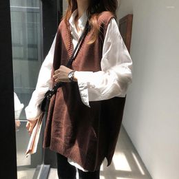 Women's Vests Women Sweater Vest Solid V-neck Loose Knitted Sleeveless Sweaters Female Simple Elegant Office Ladies Ulzzang Chic