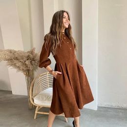 Casual Dresses 2022 Corduroy Lantern Sleeve Dress Stand Collar Button Folds Autumn Winter Vintage A-Line Party Midi 202