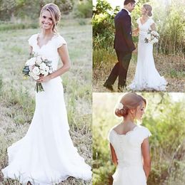 Simple Country Wedding Dresses A Line V Neck Lace Chiffon Short Sleeve Sweep Train Cheap Bridal Gowns Custom Made