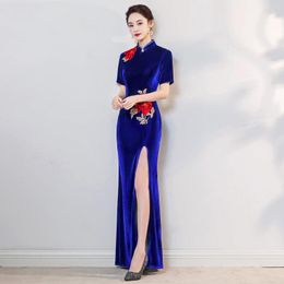 Ethnic Clothing Velvet Cheongsam Dress Modern Chinese Qipao Winter Flower Embroidery Party Sexy Hollow Backless Evening Long